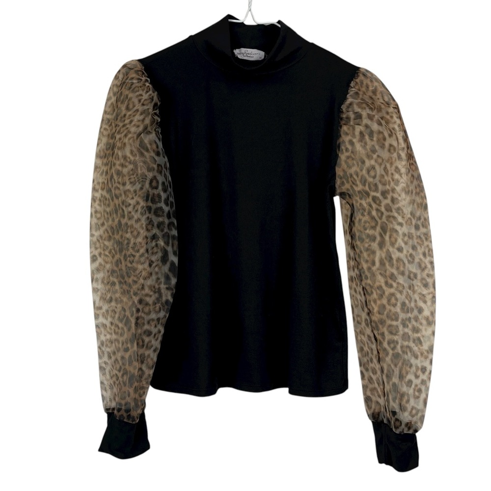 Smoke and Mirrors Black Top with Sheer Leopard Print Puff Sleeves Size M